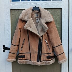 AMISU Beige Corduroy Jacket Coat With Faux Fur Lining 8